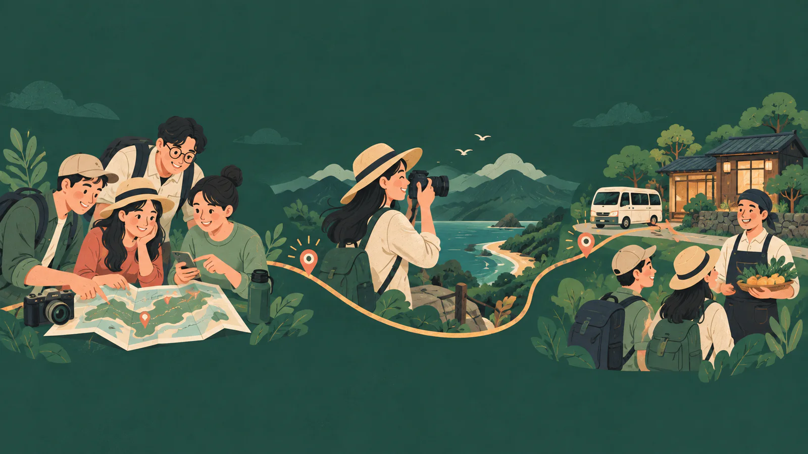 旅客規劃旅程、創作者分享靈感,旅遊夥伴在旅途中提供服務